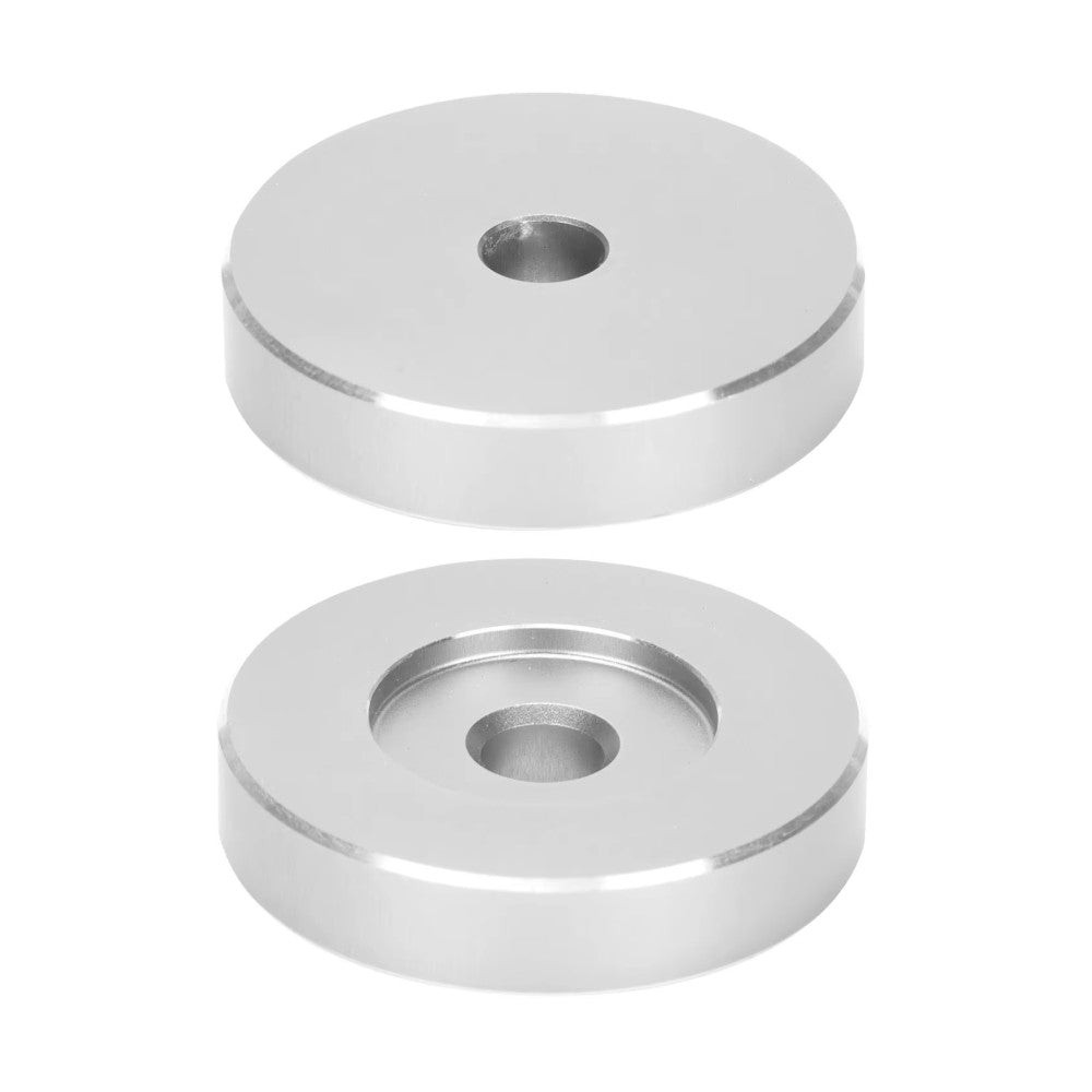 A round metallic silver aluminium 45rpm adaptor with a central hole, shown on a plain white background and from two perspectives. - Laurel Canyon Vinyl