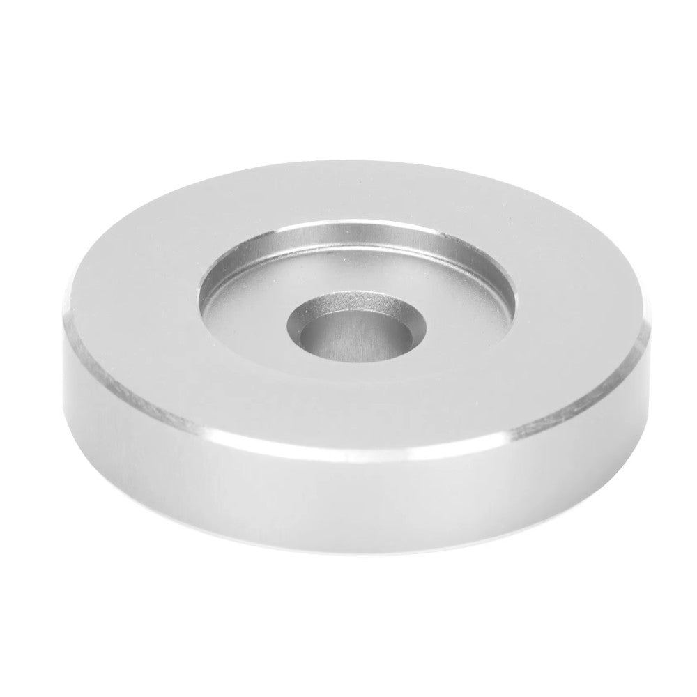 A round metallic silver aluminium 45rpm adaptor with a central hole, shown on a plain white background. - Laurel Canyon Vinyl