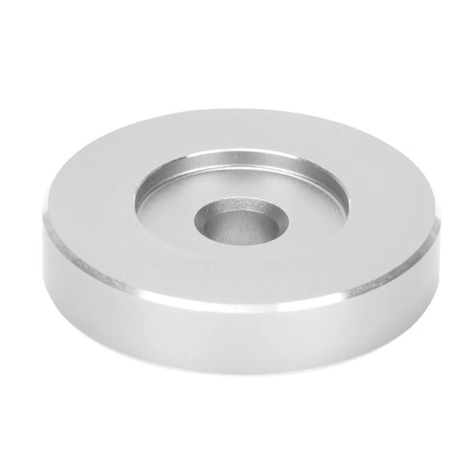 A round metallic silver aluminium 45rpm adaptor with a central hole, shown on a plain white background. - Laurel Canyon Vinyl